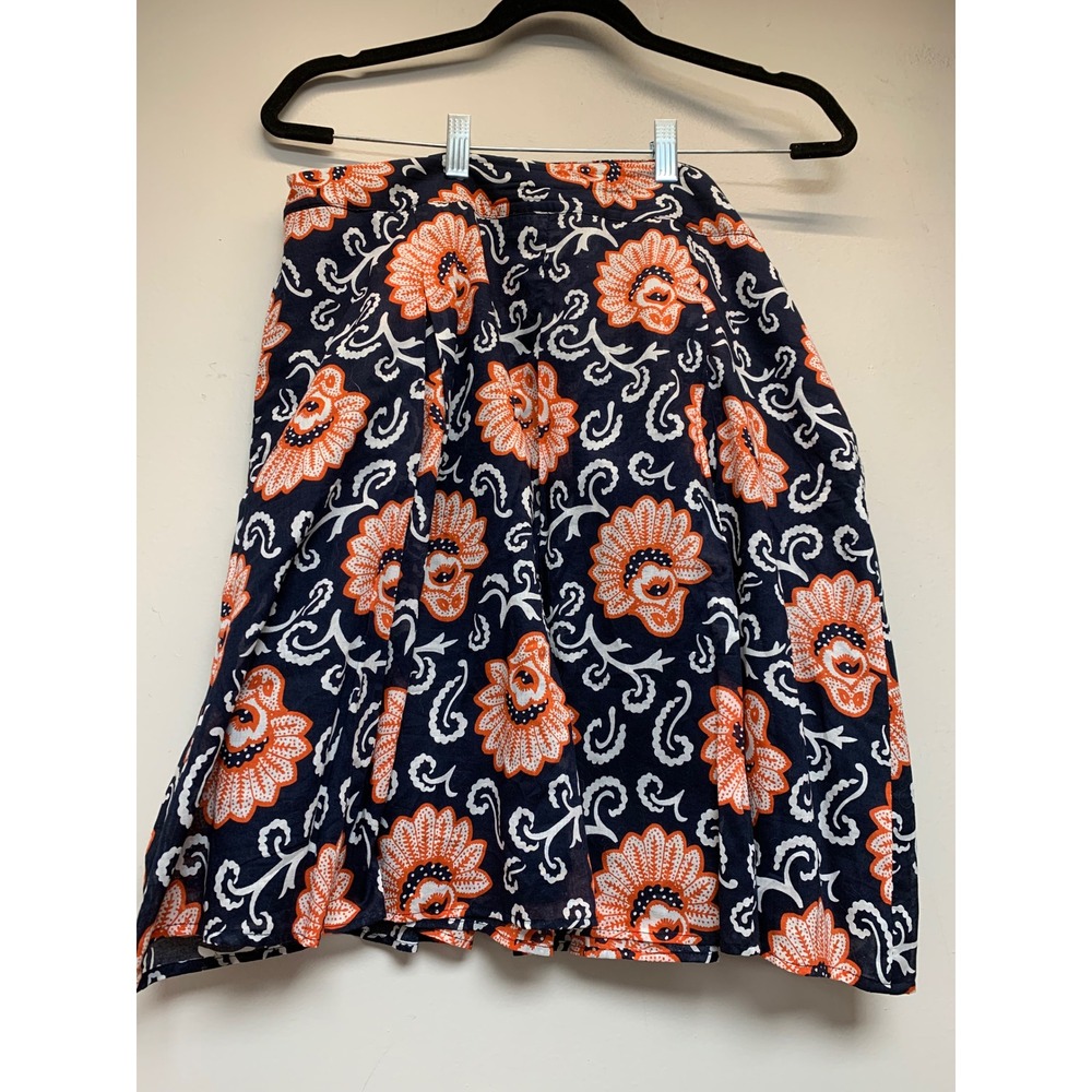 Talbots A-Line Skirt Womens 8 Navy Blue Orange Floral Cotton Excellent Pleated